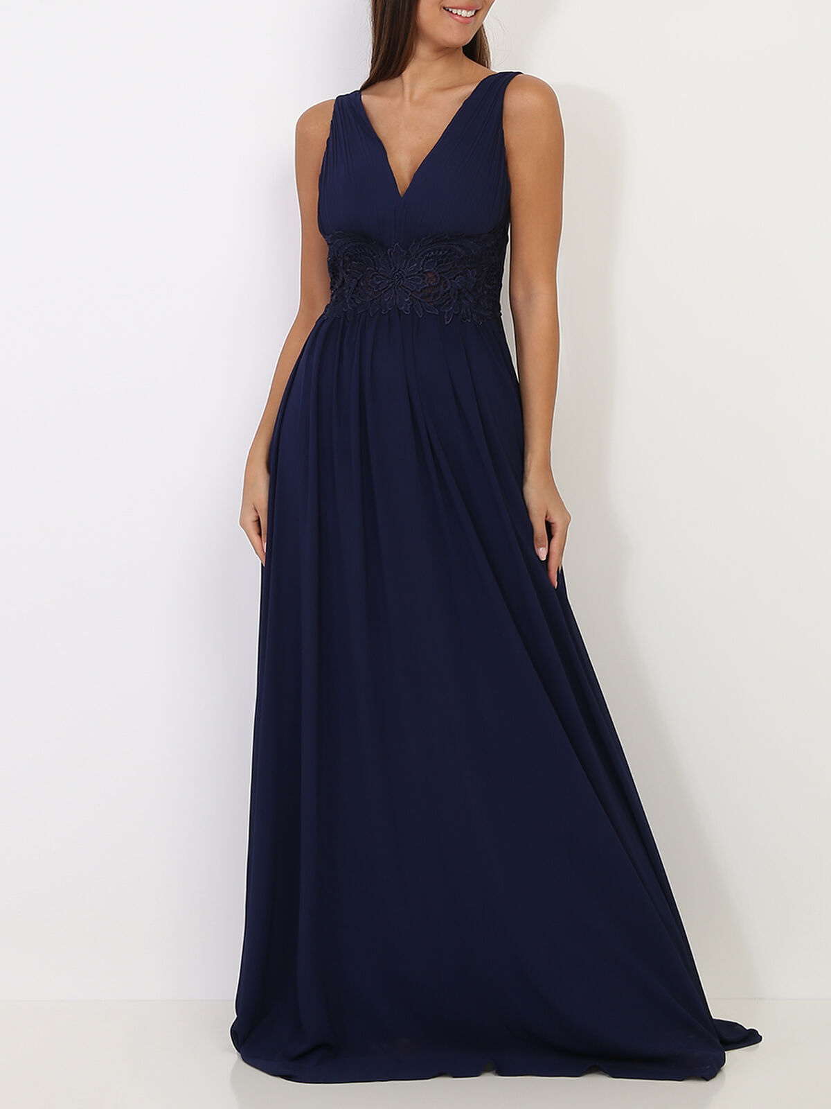 Robe longue à buste drapé et dentelle- Bleu marine