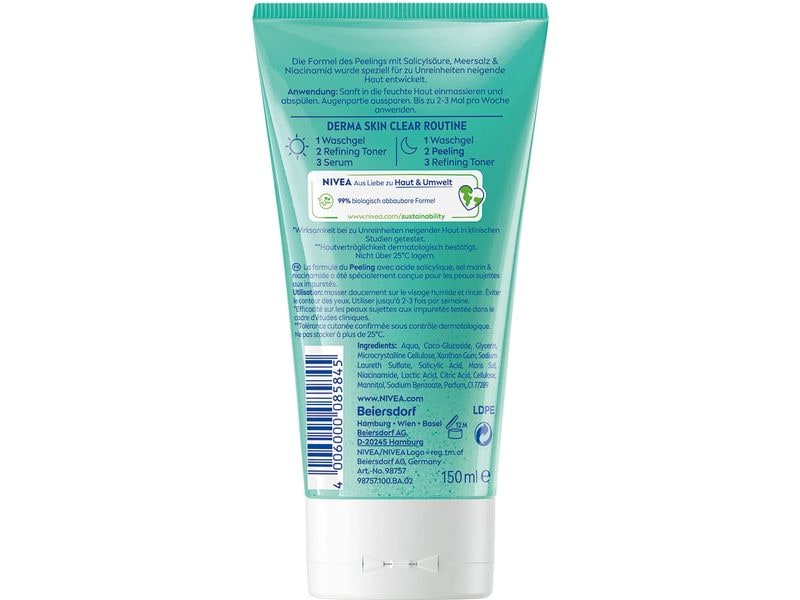 NIVEA Gesichtspeeling Derma Skin Clear 150 ml Peeling für zu Unreinheiten neigender Haut reduziert Mitesser und verfeinert das Hautbild