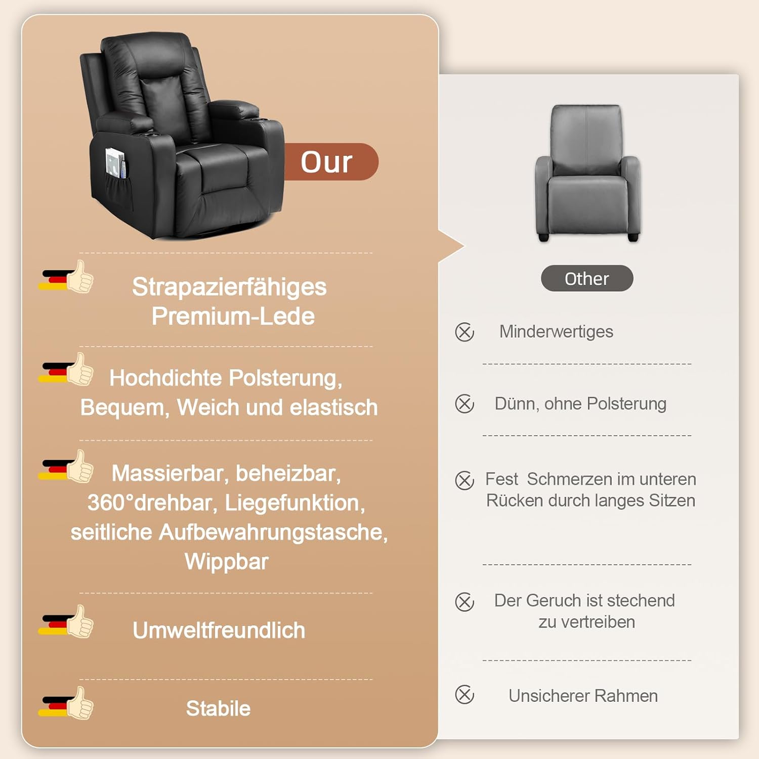 COMHOMA Relaxsessel Fernsehsessel mit verstellbarer Rückenlehne und Fußstütze,360°drehbarer Loungesessel aus PU-Leder mit Getränkehaltern und Seitentaschen,ergonomische Ganzkörperunterstützung,Schwarz