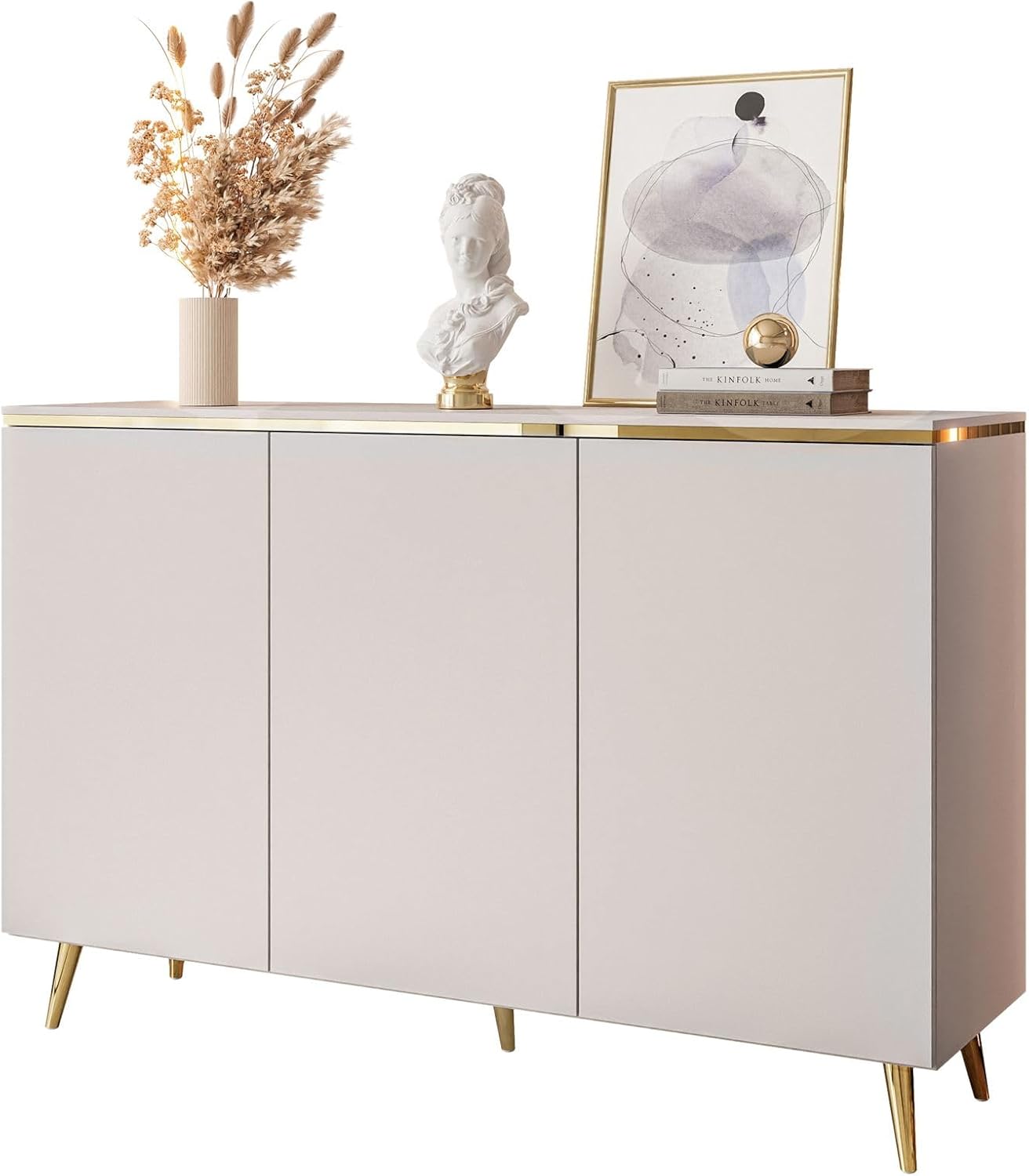 Lookway Kommode Aurora II Kaschmir Matt mit DREI Türen und Goldener Dekorleiste – Hängend oder auf eleganten Füßen – Modernes Schlafzimmermöbel (schräge Gold Chrom Beine)