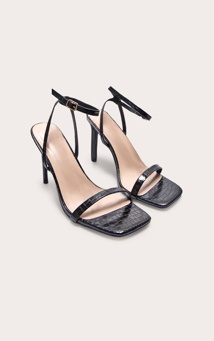 Noir Sandales À Talons Hauts En Synthétique Effet Croco Avec Bride Minimaliste Et Bout Carré