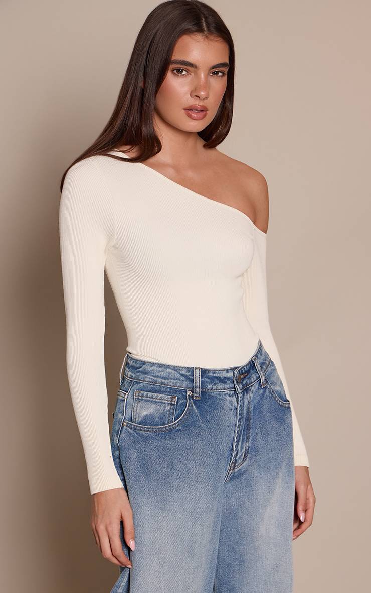 Crème Body Asymétrique Côtelé Contour À Manches Longues