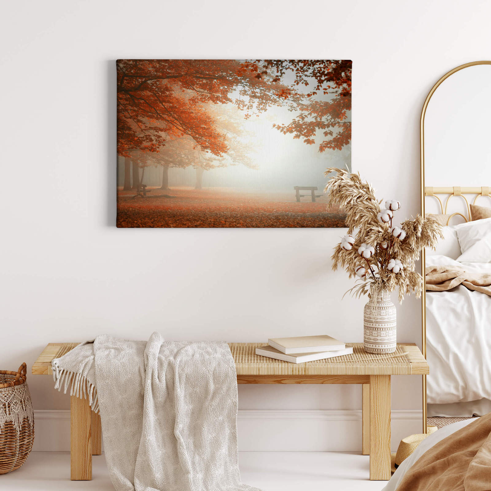 Leinwandbild WALD IM NEBEL - braun-orange - 70x50 cm