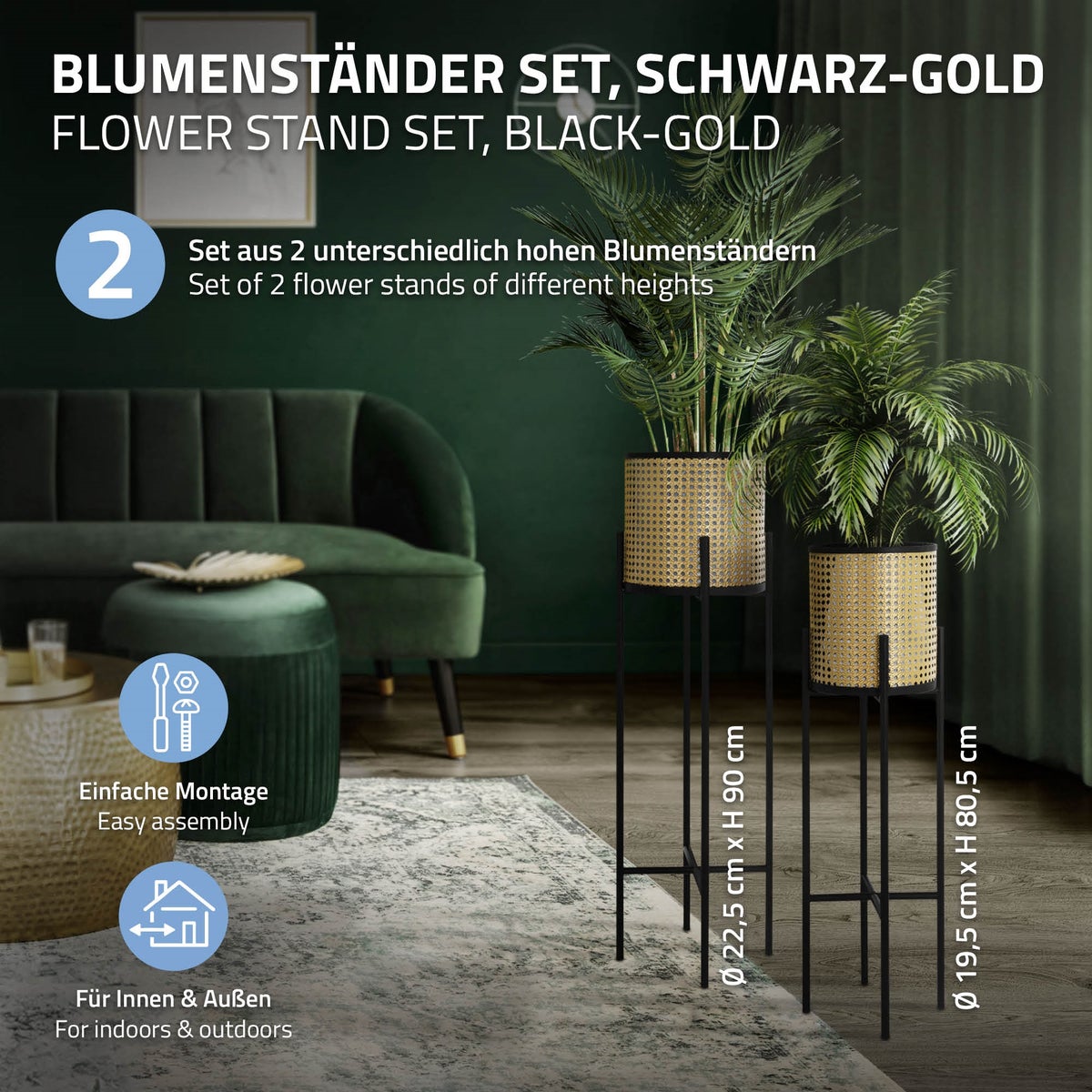 ML-Design Bloemenstandaard 2-delige set zwart-goud 16,5x16,5x80,5 cm/19x19x90 cm, staal, bloempotstandaard met plantenbak, metalen plantenstandaard, 2-delige bloempothouder, bloempot, bloemenkolom, bloemenkruk