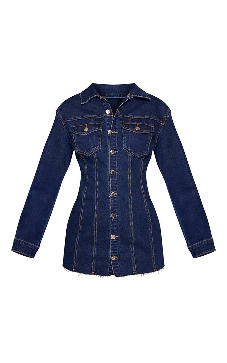Bleu Robe Chemise En Denim À Manches Longues Avec Ourlet Brut
