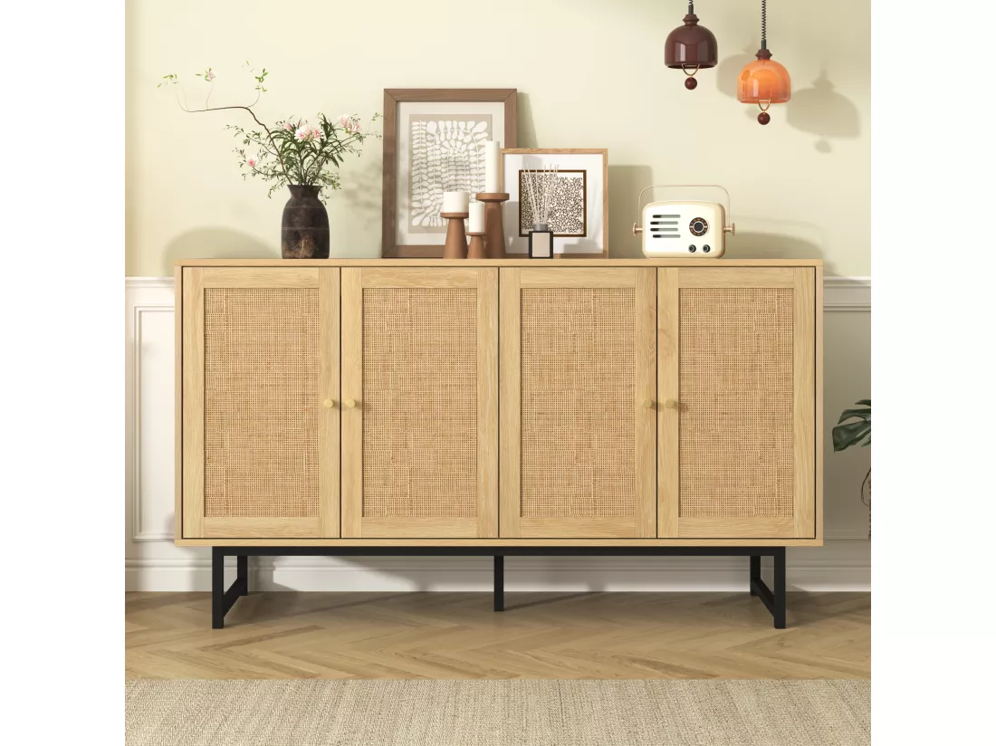 Buffet avec 4 portes en rotin - 140 x 39,5 x 80 cm - Panneau de particules - Coloris bois