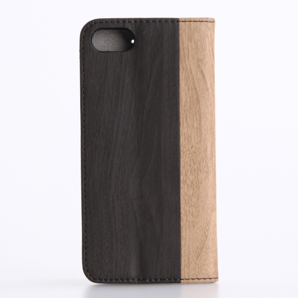 iPhone SE (2022/2020) / 8 / 7 Leder Bookstyle Tasche im Holz Look - Braun / Schwarz