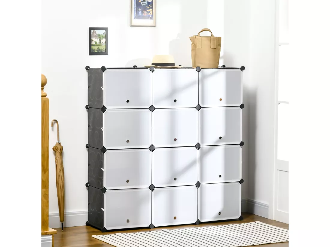 Meuble de rangement - meuble à chaussures modulable 12 casiers avec portes et étagères - dim. 125L x 32l x 125H cm - PP noir blanc
