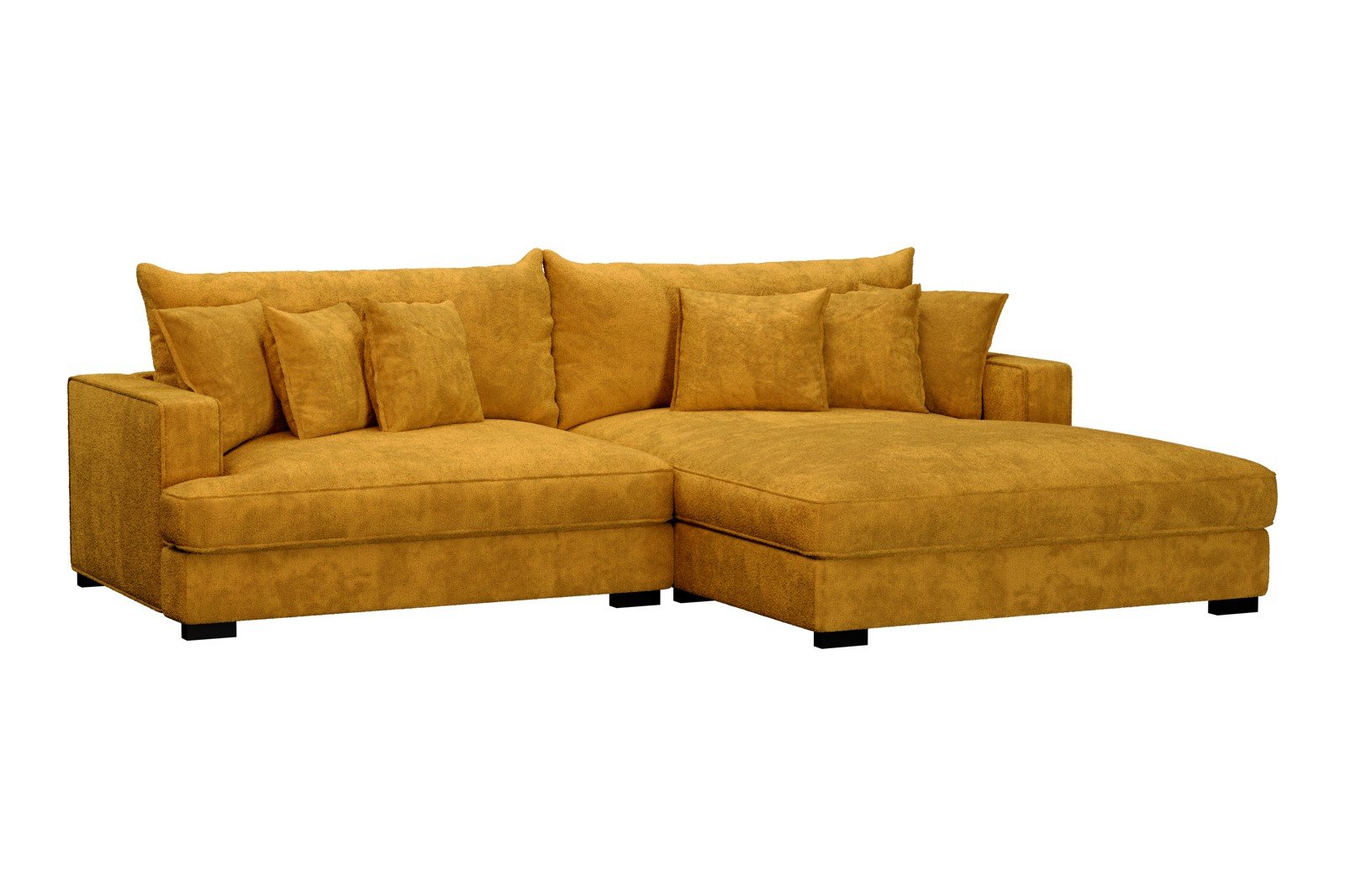 Rossi Lux 2-seter med XL sjeselong høyre Tekstil Genesis 10 Golden Yellow, arm A med sorte ben. Lux Komfort.