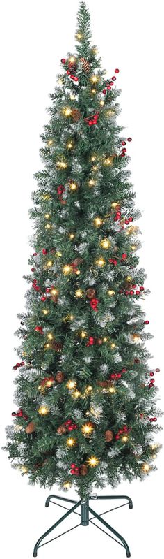 Homcom - Kunstkerstboom - Smal - Met LED-verlichting - 8 Verlichtingsmodi - Groene Standaard