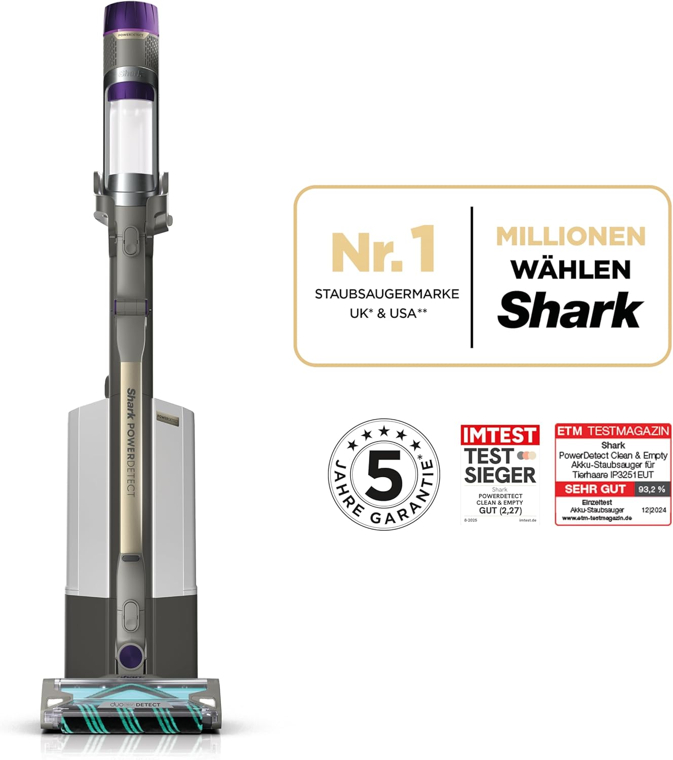 Shark PowerDetect Clean & Empty Akku-Staubsauger für Haustierbesitzer, DuoClean Detect, Reverse Clean, Anti Hair Wrap Plus, Anti Odour, Haustier-, Fugen- & Multi-Oberflächen-Aufsatz, Grau IP3251AMZEUT