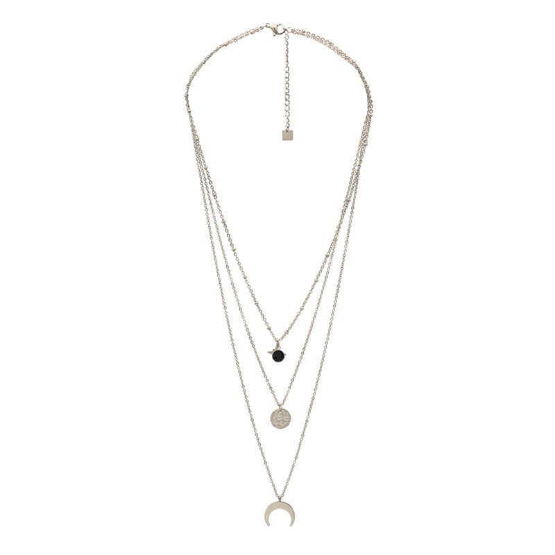 Collier Astral en acier argenté orné de cristaux Swarovski avec pierre crystal noir