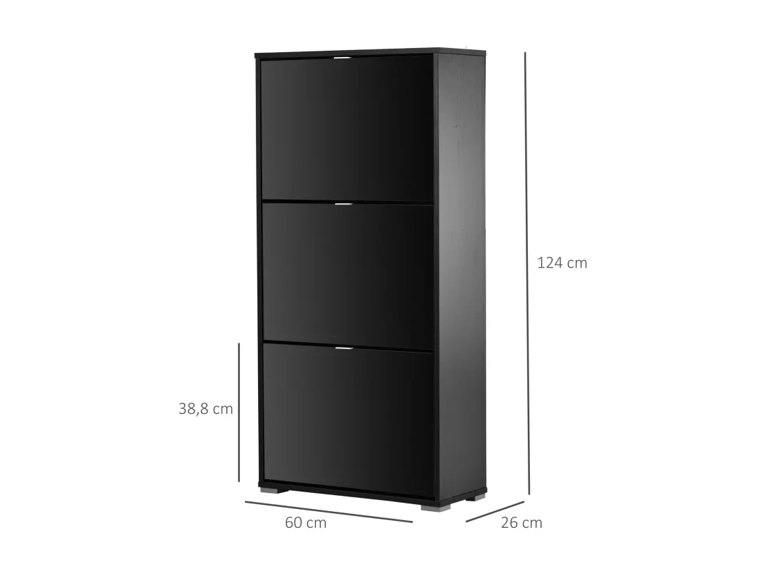 Meuble à chaussures 3 portes abattantes 3 compartiments MDF noir laqué