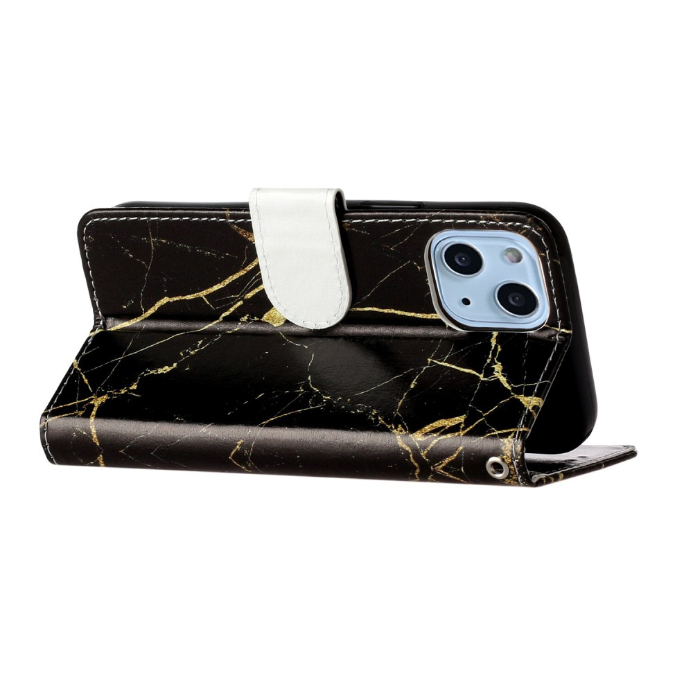 iPhone 13 Leder Tasche Flip Cover Marmor Marble - Schwarz / Gold