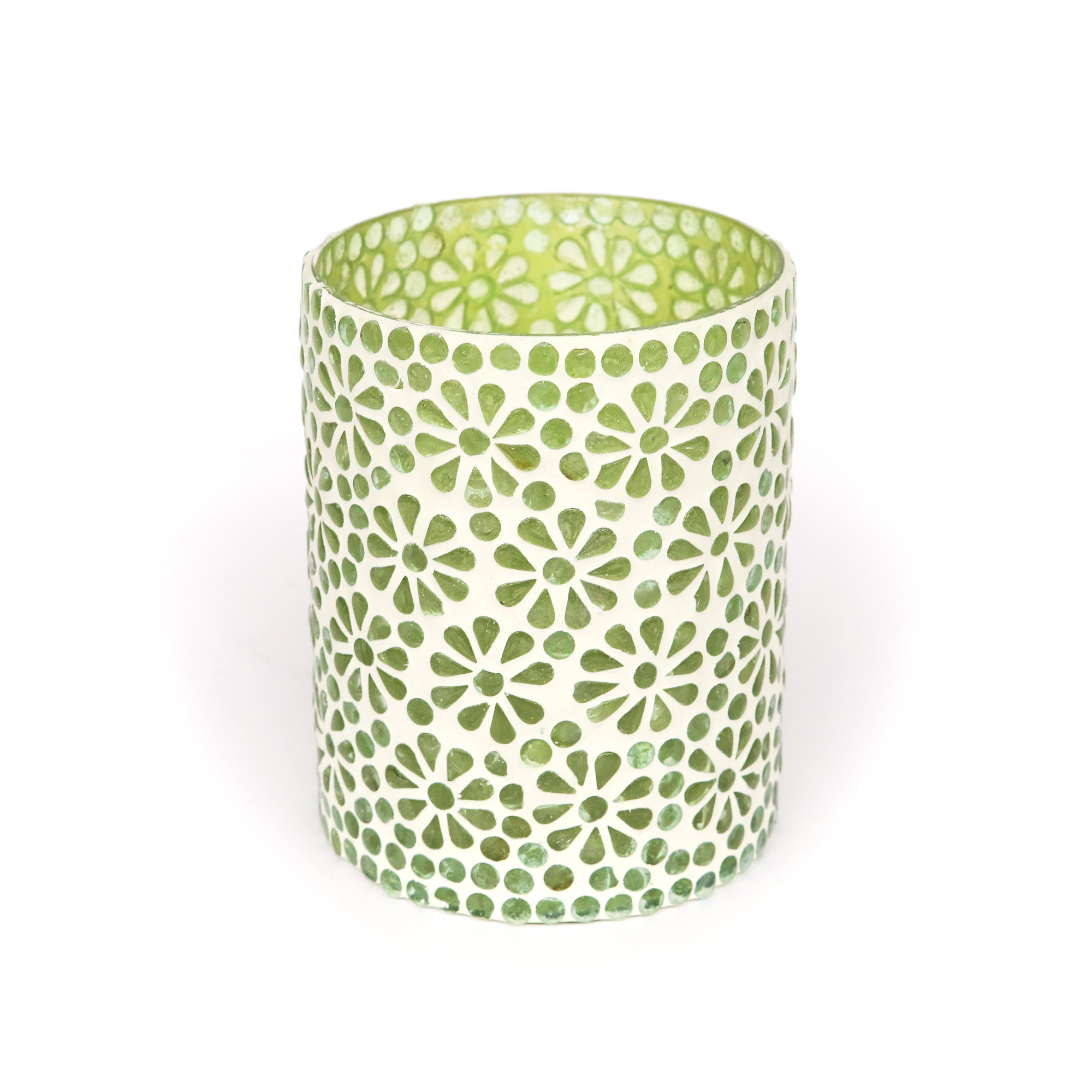 Windlicht 'Blumen-Mosaik', weiß-grün, Ø 12 cm, H 16 cm von fischer's lagerhaus