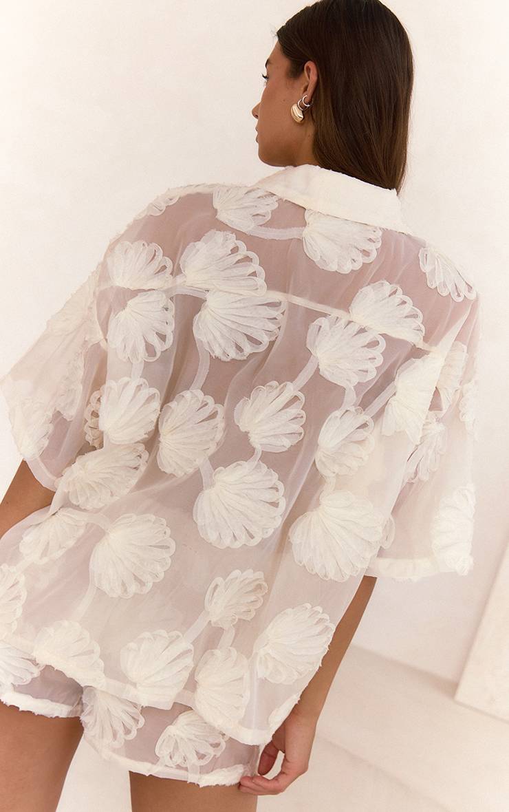 Crème Chemise Ample Transparente Tissée Brodée De Coquillages
