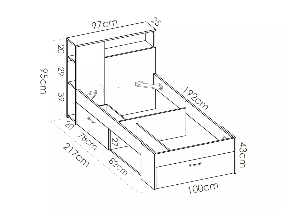 Lit avec tête de lit rangements et tiroir - 90 x 190 cm - Anthracite et naturel + matelas + sommier - LEANDRE