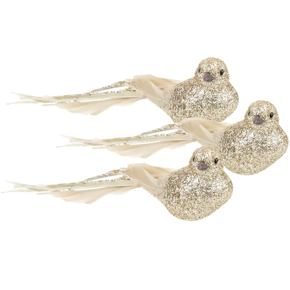 Krebs Vogels - decoratief glas - 3x - op clip - goud-glitter - 21 cm