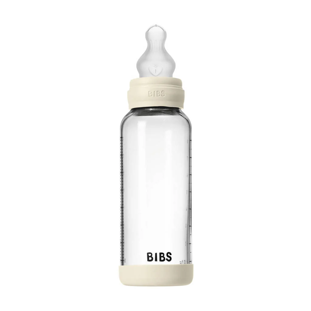 BIBS Glazen Babyfles - 240 ml - Ivory - met silicone speen en opvouwbare trechtertje