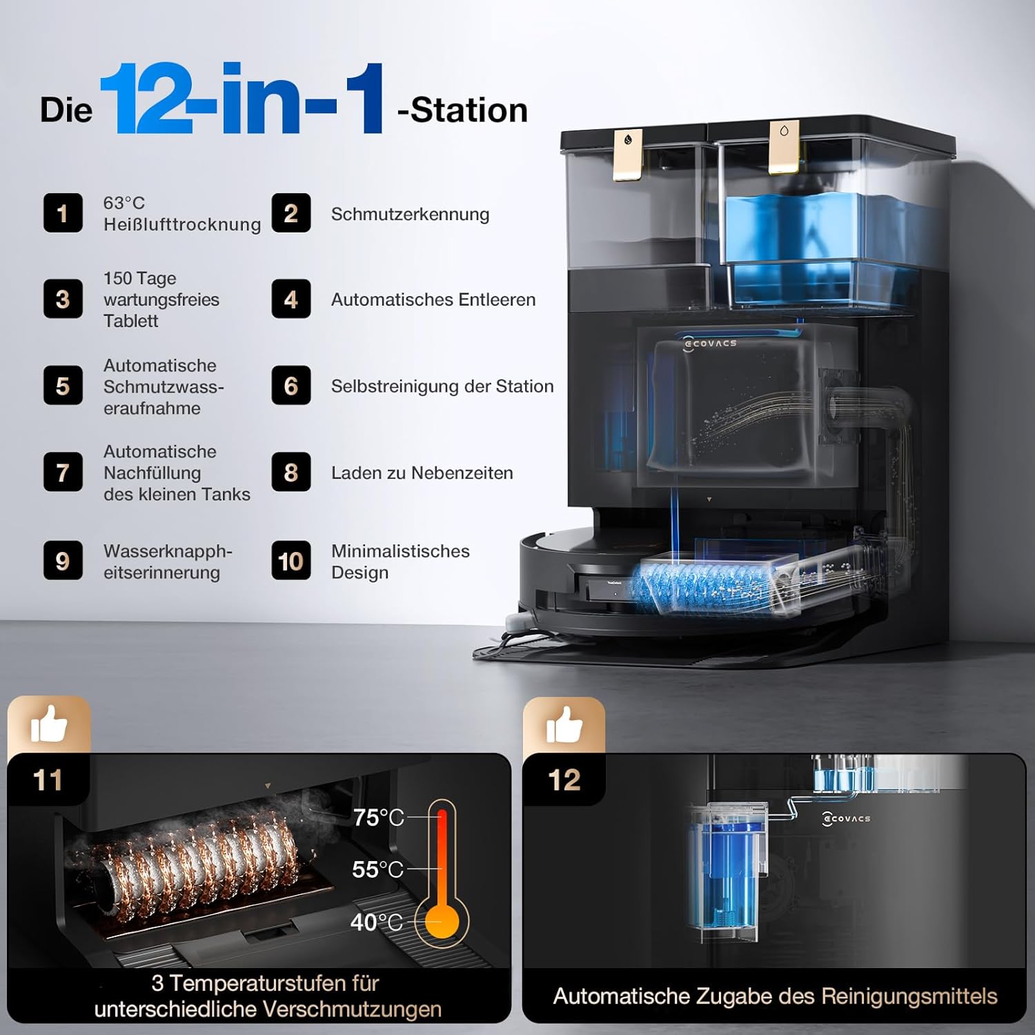 ECOVACS DEEBOT X8 PRO Omni Saugroboter mit Wischfunktion, OZMO Roller mit kontinuierliches Wischen & Selbstreinigung, 18.000 Pa, 12-in-1 Station, 40–75 °C Heißwasser-Moppreinigung, YIKO-GPT