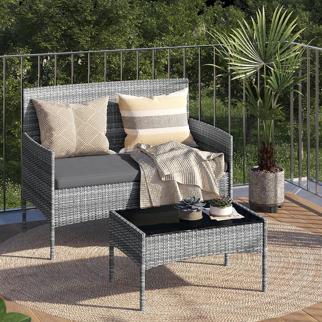 STEELSØN Polyrattan Gartenmöbel Set 4 TLG Thalora, Balkonmöbel Set Ink. 2er Sofa, 2 Stühle, Tisch & Sitzkissen, Terrassenmöbel Lounge, wetterfest grau-meliert