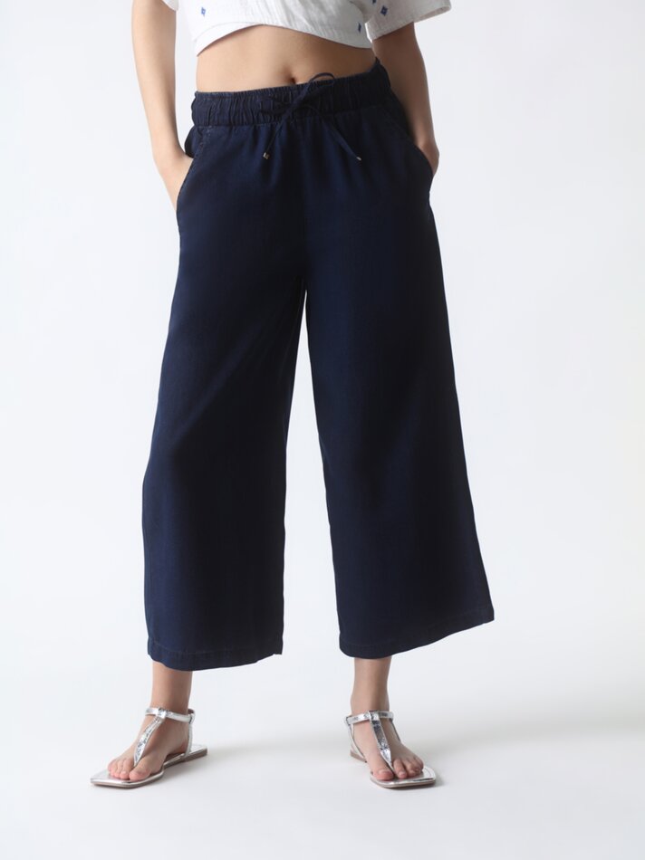 Calças culote em denim leve - Azul-marinho