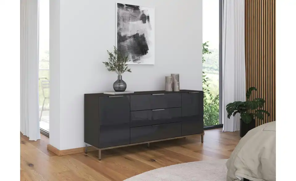 Sideboard Basaltgrau, Graphit Front: Glas, Oberboden: Glas verchromt