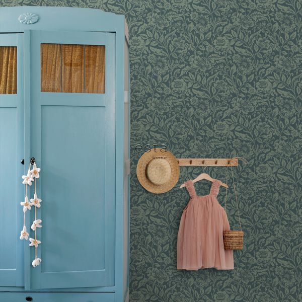 Estahome Vintage Bloemen Behang IV - 0,53 x 10,05 m - Donkerblauw / Vergrijsd Groen