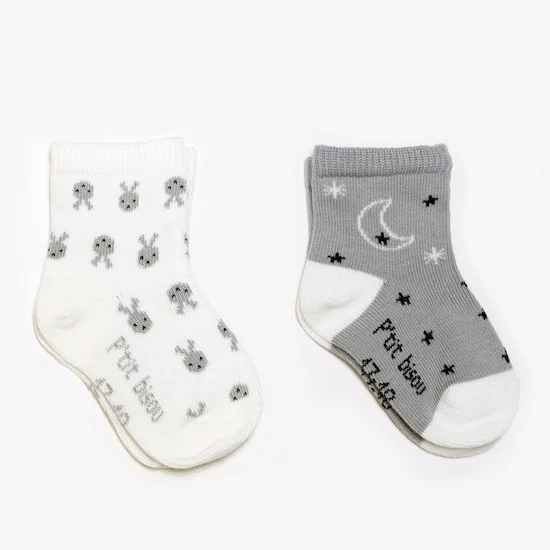 Lot de 2 mi-chaussettes Mon lapin Câlin   Lapin/lune et étoiles        de               P'tit bisou