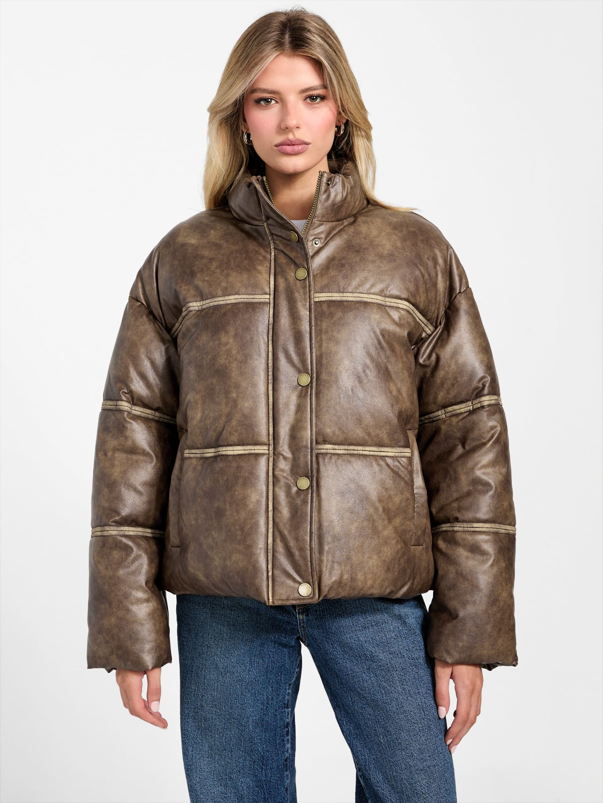 Jaqueta puffer de couro sintético lavado
