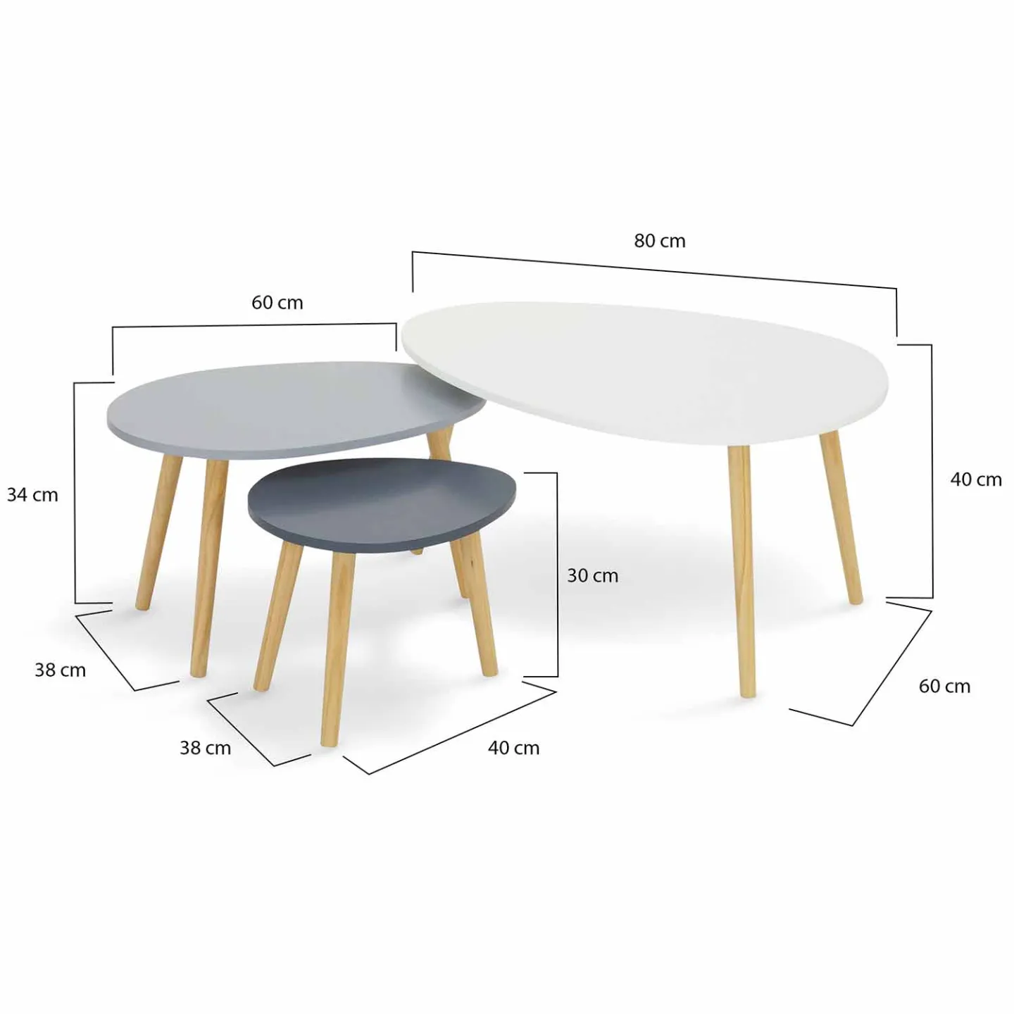 Lot de 3 tables basses gigognes GAIA laquées blanc gris scandinave