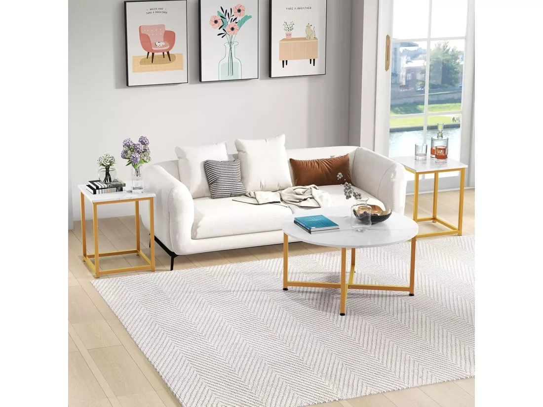 Table Basse Salon 3 Pcs, Table Basse Ronde avec 2 Tables d'Appoint Carrées, Cadre en Métal, Design Moderne Industriel, Table Salon Lot de 3 pour Salon, Chambre (Blanc doré)