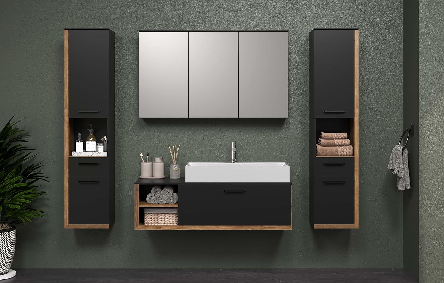 trendteam smart living - Synnax - Spiegelschrank - Anthrazit - Badspiegel mit 9 Fächern und 6 verstellbaren Einlegeböden - (BxHxT) 120 x 70 x 17 cm - moderner Badezimmerspiegel 3-türig - kratzfest