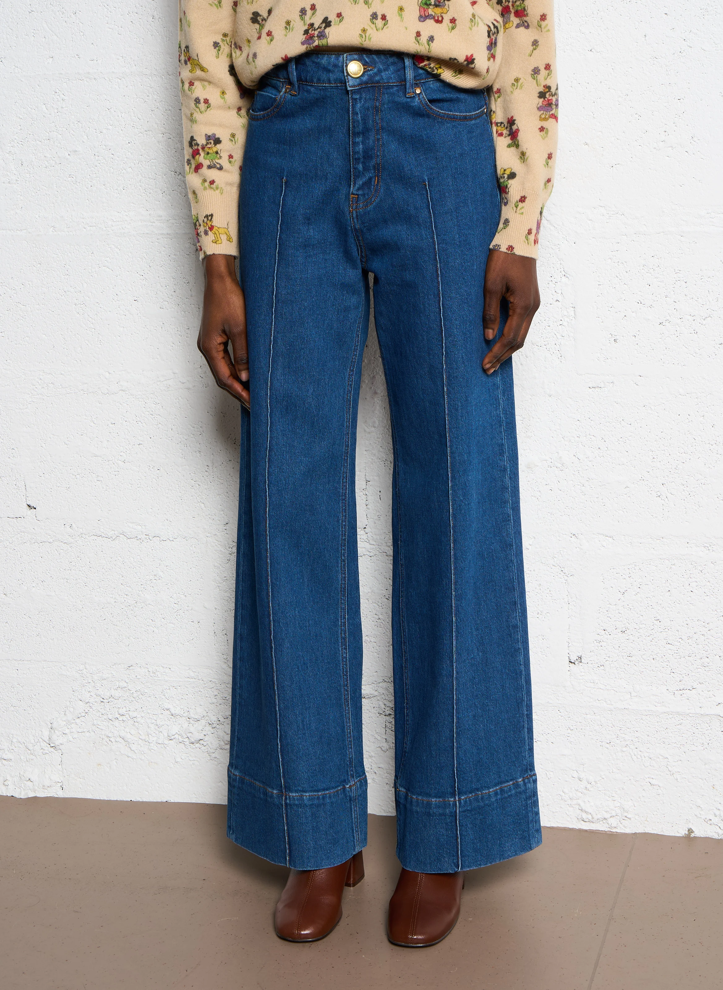 SALOME - Jean évasé taille haute en coton mélangé | Bleu