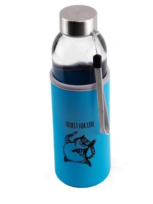 Frasco de vidro Caudania Thirst for Life, com revestimento azul.