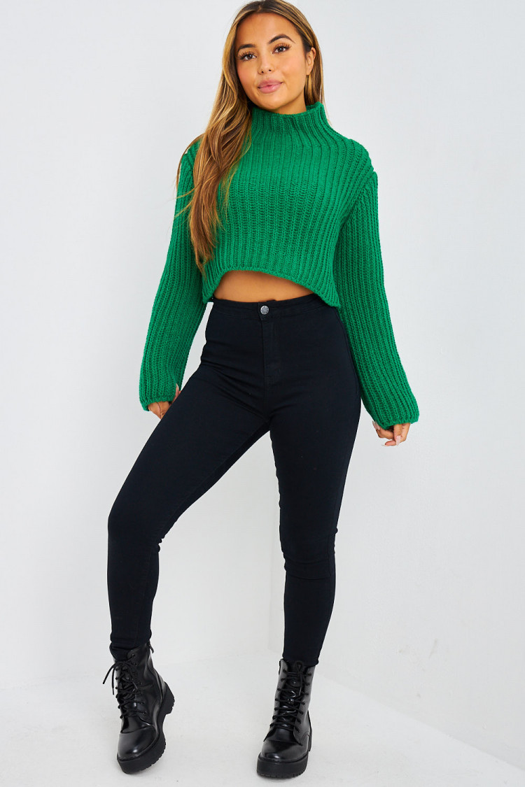 Pull court en grosses mailles vert