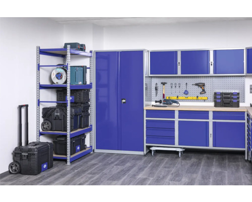 Hoge kast in industriële stijl, 1000 x 1960 x 580 mm, grijs/blauw, 1 dubbele deur, 3 legplanken