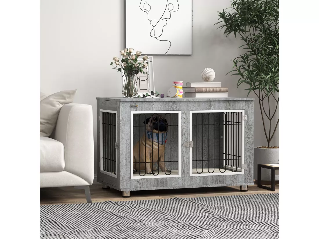 Cage pour chien sur pied - 2 portes verrouillables, coussin déhoussable inclus - acier filaire noir panneaux aspect bois gris