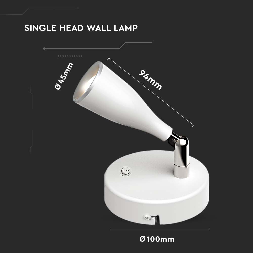 V-TAC VT-805-N - LED wandlampen - schakelaar - IP20 - wit - 4,5W - 420 lumen - 3000K
