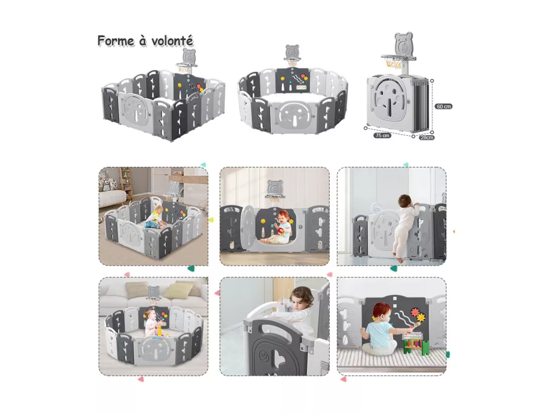 Parc Bébé Yoleo - 12+2 panneaux modulable - avec panier de basket - plastique écologique - 153x153x60cm