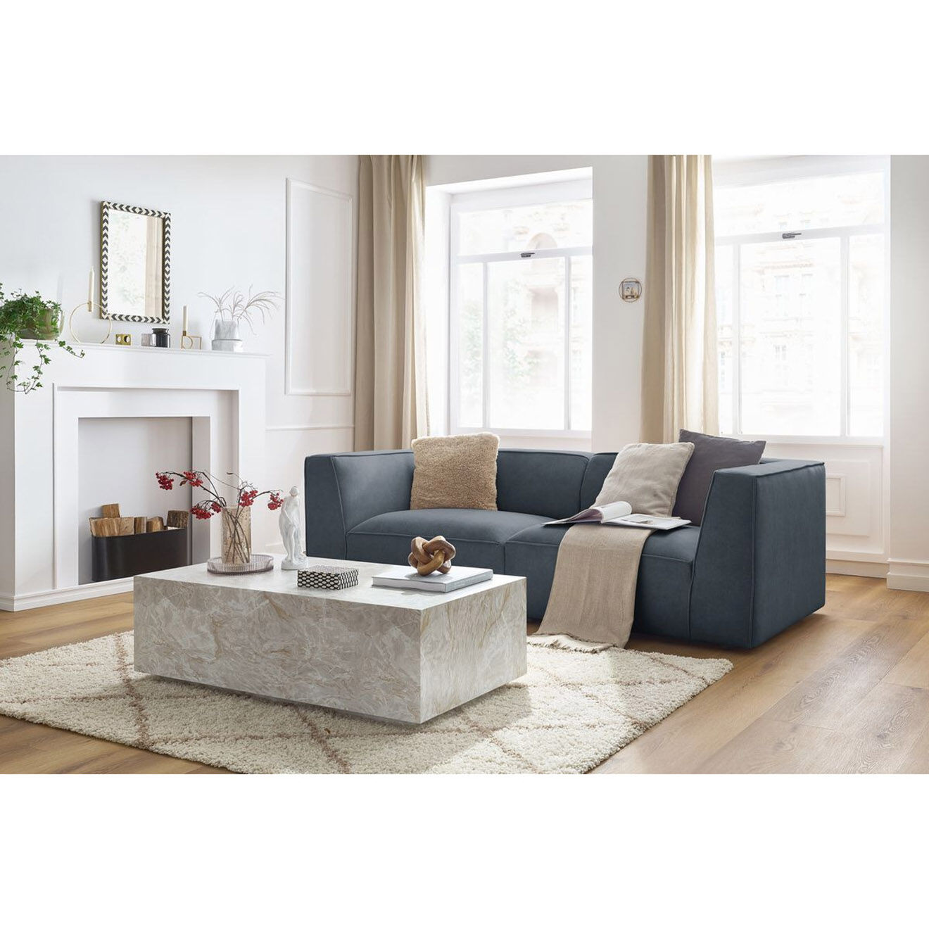 Bobochic Canapé droit fixe 3 places en Velours Molière gris foncé - 233x99x71 cm