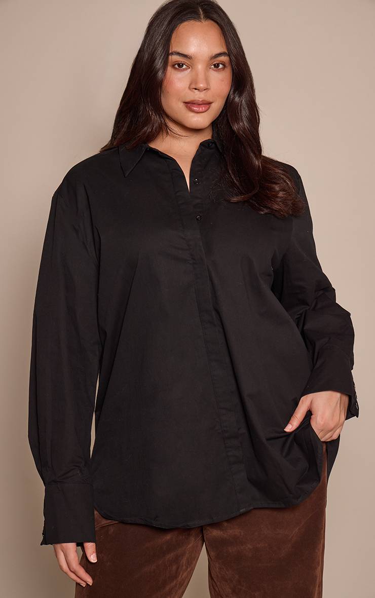 Noir Délavé Chemise Grande Taille En Coton À Poignets Oversize