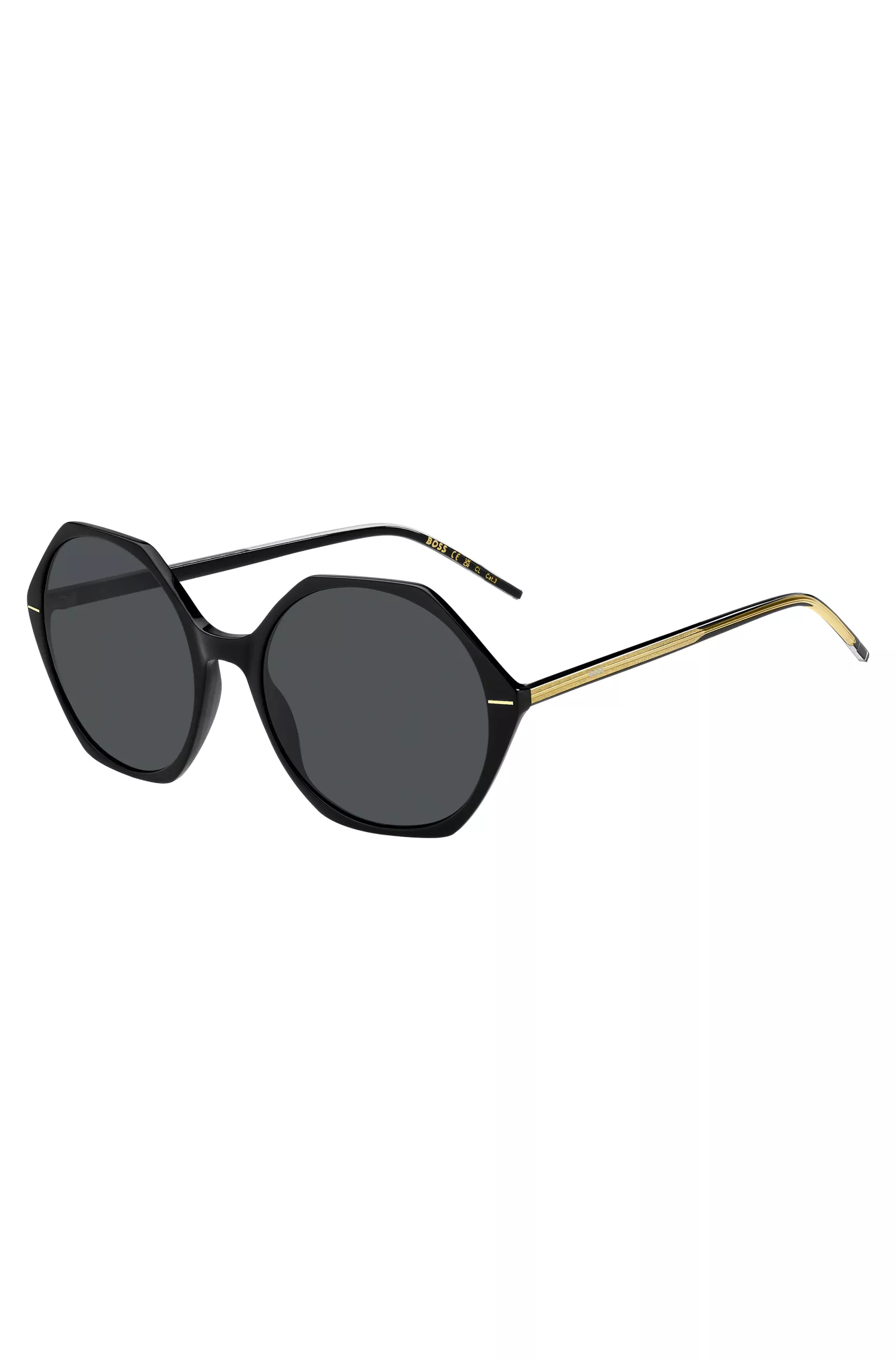 Óculos de sol BOSS em acetato preto com armação angular.