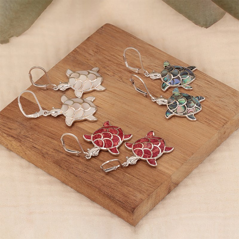 Boucles d'oreille ADEN Tortue Corail Rouge Sertie Argent 925 Rhodié