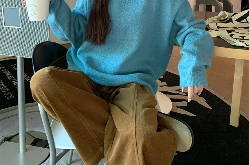 Joyciful - V-hals effen oversized trui / Mid waist effen wijde broek