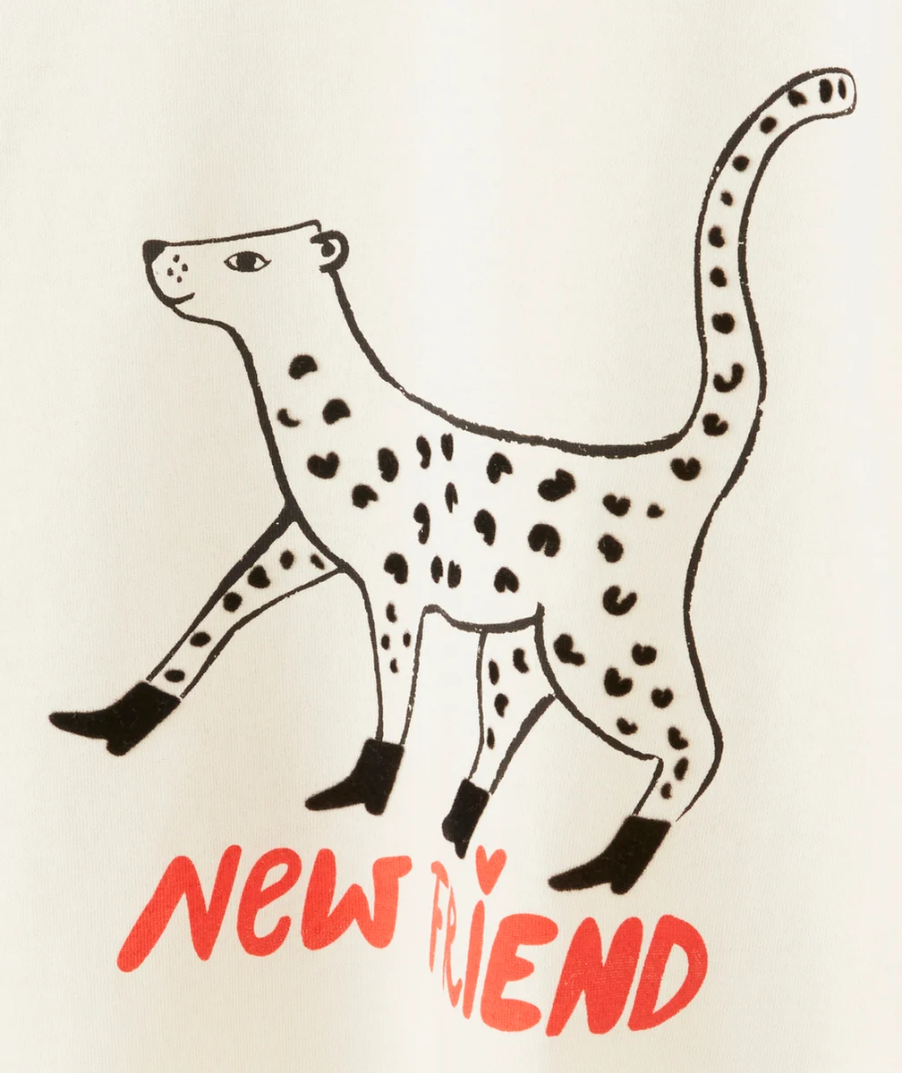 T-SHIRT FILLE EN COTON BIO ÉCRU AVEC LÉOPARD ET MESSAGE