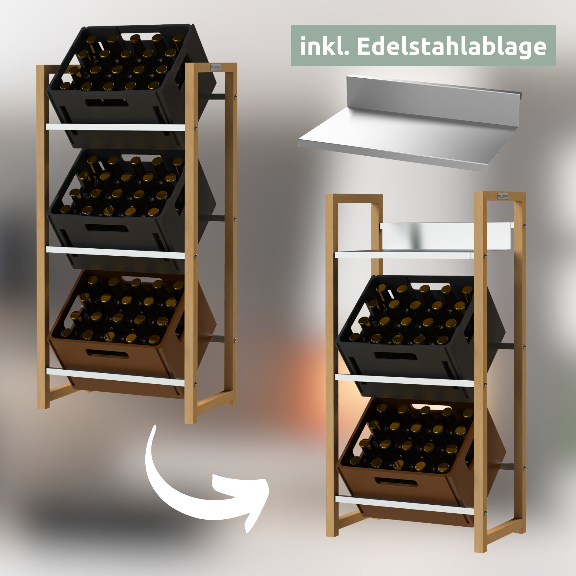 holz4home® Getränkekistenregal aus Bambus inkl. pulverbeschichteter Ablage I Schwarz | 6 Kisten