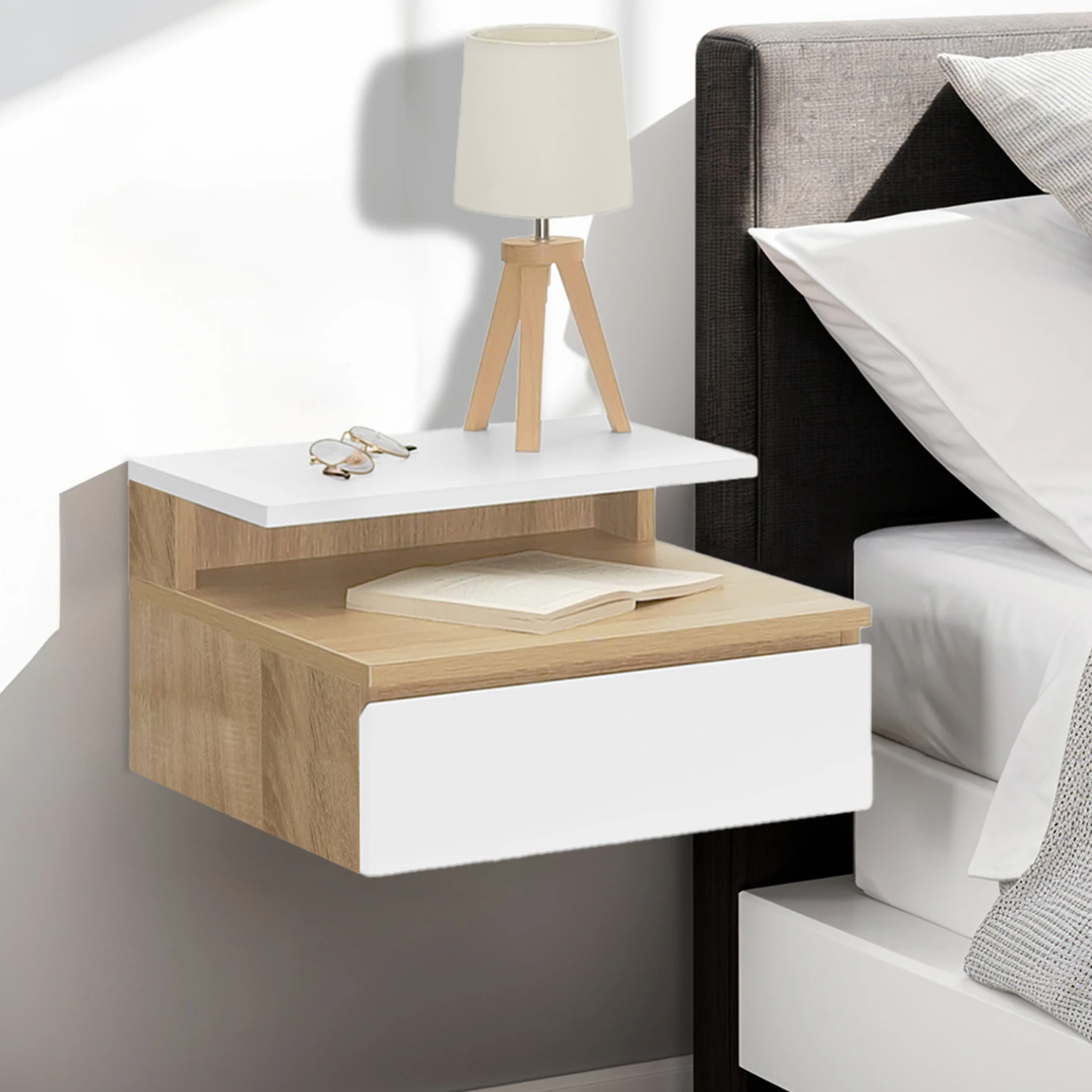 Lot de 2 tables de chevet murales TOMI 1 tiroir + 1 tablette étagère suspendue + 1 tablette façon hêtre et blanc