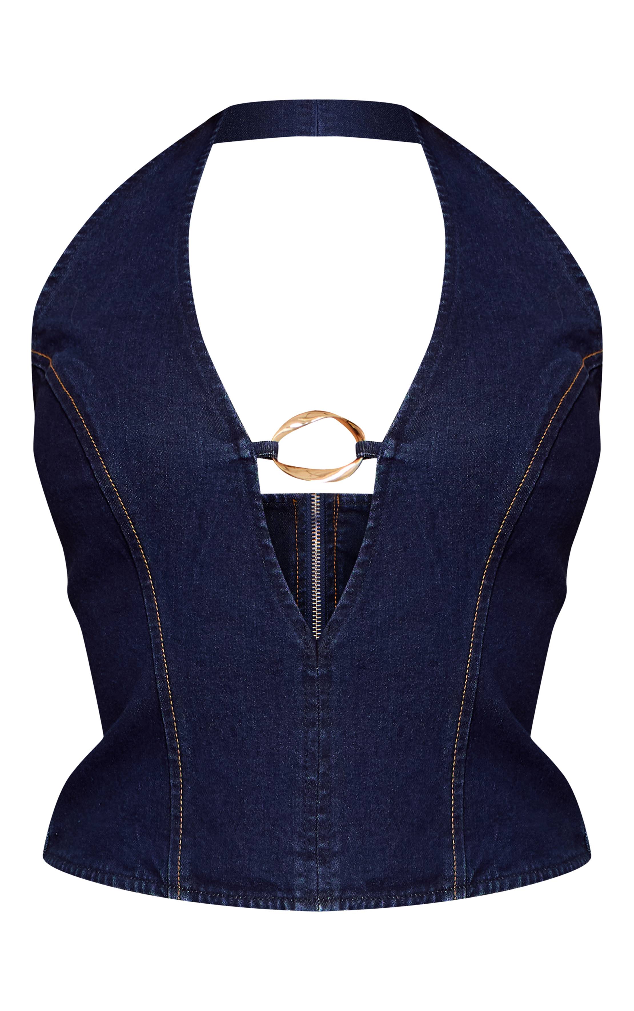 Bleu Indigo Top En Denim À Détail Plongeant Et Finitions Dorées