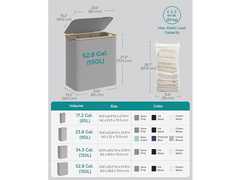Songmics Wäschekorb  130 l, Grau Wäschesammler